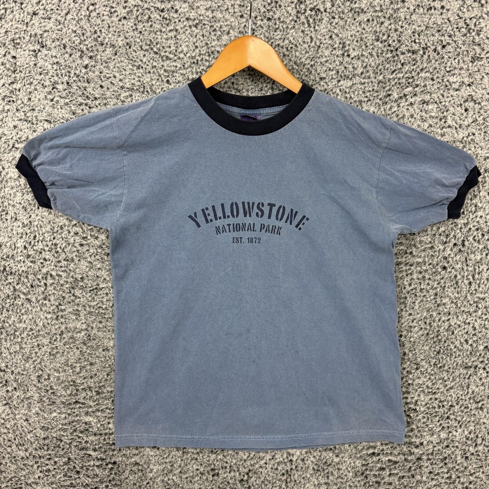 Vintage 90s Yellowstone National Park Shirt Adult Medium Blue Ringer Graphic Tee
